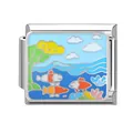 Italian charm bracelet link with colorful enamel sea landscape and fish in stainless steel - Ocean-11 / 1*0.9cm