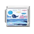 Italian charm link with silver stainless steel border and enamel whale ocean design - Ocean-12 / 1*0.9cm