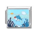 Italian charm link in stainless steel featuring a blue shark and coral enamel design - Ocean-13 / 1*0.9cm