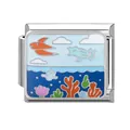 Italian charm link with orange flying fish over ocean waves and colorful coral - Ocean-16 / 1*0.9cm
