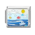 Italienisches Armband-Element mit Emaille-Ozeanlandschaft, Sonne und Fischen - Meer-1 / 1*0.9cm