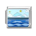 Italian charm link with silver finish featuring blue ocean waves and yellow stars enamel - Ocean-4 / 1*0.9cm