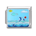 Italienisches Charm-Glied mit Ozean-Emaille-Fischen und Wellen aus Edelstahl - Ozean-15 / 1*0.9cm