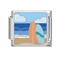 Italian charm link featuring colorful enamel surfboards and ocean waves on steel - Beach Surfboard (Ocean-4)