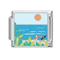 Charm modulare italiano con tramonto sulla spiaggia e surfisti in smalto di alta qualità - Silhouette di Surf al Tramonto (Ocean-5)