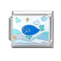 Italienisches Charm-Glied mit blauem Fisch und Wellenmuster aus Edelstahl - Ozean-19 / 1*0.9cm