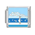 Charm italiano per bracciale con motivo di spiaggia e gabbiani in smalto colorato - Ragazza in Abito Bianco al Mare (Ocean-8)