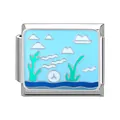 Italian charm link with silver base and ocean enamel pattern of seagrass and waves - Ocean-4
