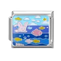 Italienischer Charm-Armband-Link mit Meer-Thema, rosa Kaninchen und blauem Emaille-Wellen - Ozean-24 / 1*0.9cm
