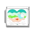 Italian charm link featuring a heart-shaped ocean wave and smiley face in white enamel - Ocean-7