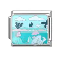 Italienisches Modul-Charm mit hellblauem Emaille-Himmel und Wolken aus poliertem Edelstahl - Ozean-25 / 1*0.9cm
