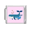 Italian charm bracelet link featuring blue whales and pink hearts on silver metal - Pink Background Blue Whale Pair (Ocean-16)