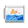 Italian charm link with yellow submarine and blue waves design on stainless steel - Ocean-11