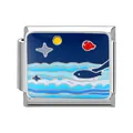 Italian charm bracelet link with blue enamel whale and starry night ocean scene - Ocean-12