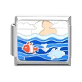 Italian modular charm featuring sea waves and orange fish in polished stainless steel - Ocean-13