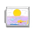 Italian charm link in stainless steel featuring an enamel sunset sea scene with boat - Ocean-14