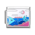 Italian charm link with moon and wave enamel landscape on stainless steel base - Ocean-15