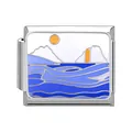 Italian modular charm link featuring blue ocean waves and orange sun on white enamel - Ocean-18