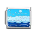 Italian charm bracelet link with blue ocean waves and silver starfish on stainless steel - Ocean-22