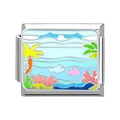 Italian charm link with ocean enamel palm tree and fish design on stainless steel - Ocean-23