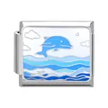 Italian charm link with blue dolphin jumping design in stainless steel for DIY bracelet - Ocean-25