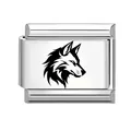 Roestvrijstalen Italiaanse charm link met een minimalistisch zwart wolf ontwerp - Wolvenkop