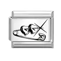 Italian charm module in silver stainless steel featuring a black safety pin and double heart - Safety Pin