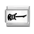 Modular silver charm for DIY bracelets featuring a black ROCK electric guitar design - rock