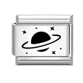Italian charm link with black Saturn planet design on polished stainless steel base - Planet