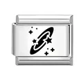 Italian modular charm link in polished stainless steel with black galaxy planet pattern - Ringed Planet