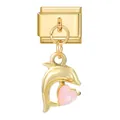 Italian charm link featuring a gold dolphin pendant with a pink heart gemstone - Dolphin With Heart Gem Style (#12)