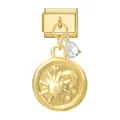 Goldenes italienisches Charm-Glied mit Sonnen-Mond-Medaillon und Kristallanhänger - 1*0.9cm / Runde Medaille und weißer Tropfen