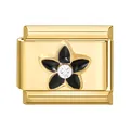 Italienischer Charm-Link mit goldener Blume, schwarzen Emaille-Blüten und Kristall-Mitte - Schwarz Blumig