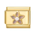 Goldenes Modul-Charm mit hellvioletter Emaille-Blume und funkelndem Zirkonia-Zentrum - Rosa Blume Stil A