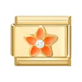 Italienischer Charm mit orangefarbener Emaille-Blume und weißem Kristall auf Gold - 1*0.9cm / Orange Blumig