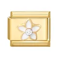 Italienisches Charm-Glied mit Goldbasis, weißer Emaille-Blume und Zirkonia-Stein - 1*0.9cm / Weiß Geblümt
