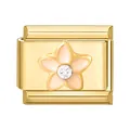 Goldenes Armband-Modul mit einer rosa fünfblättrigen Blume und zentralem Zirkonia-Stein - 1*0.9cm / Hellrosa Blumig