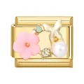 Italienisches Charm-Glied mit goldenem Schmetterling, rosa Blume, Perle und blauem Stein - 1*0.9cm / Rosa Blume Stil 3