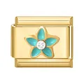 Italienisches Charm-Glied in Gold mit blauer Emaille-Blume und funkelndem Kristall - 1*0.9cm / Dunkelgrün