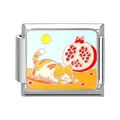 Italian charm link featuring a cute orange cat and pomegranate in enamel finish - Orange Cat with Sun Pomegranate (Pet-2)