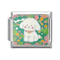 Italian charm link with white cartoon dog and flowers on green enamel background - White Bichon with Pink Flowers (Pet-4)