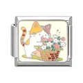 Italian charm bead featuring a cute white cat sniffing a colorful flower basket - White Cat Sniffing Flowers (Pet-6)
