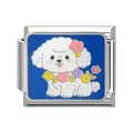 Italian charm link with cute white dog and colorful floral collar on blue enamel background - Bichon with Flower Collar (Pet-7)