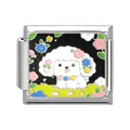 Modular stainless steel charm link with a white cartoon poodle and floral enamel pattern - Poodle with Blue Pink Flowers (Pet-8)