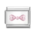Polished stainless steel modular link charm with a pearlescent pink bow center design - Rose Pink Bow Style 1