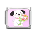 Italian charm link with a cartoon white dog and pink enamel for DIY bracelet - White Dog Holding Flower (Pet-9)