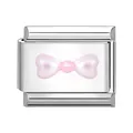 Modular stainless steel link charm with soft pink pearl-textured bow for DIY bracelets - Pink Bow Style 1