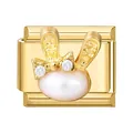 Link per bracciale componibile con testa di coniglio dorata, perla e fiocco in cristallo - Coniglio di perla