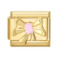 Charm modulare italiano dorato con design a fiocco 3D e gemma rosa incastonata - Fiocco Diamante Rosa