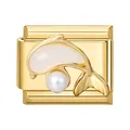 Charm a delfino dorato con intarsio in resina bianca e perla per bracciale modulare - Perla Delfino